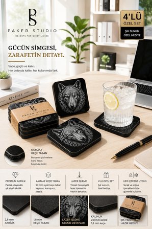 Kurt Temalı Siyah Akrilik Bardak Altlığı 4lü Set