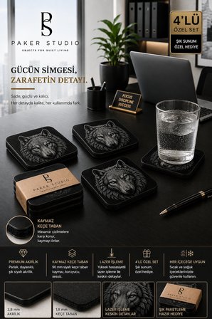 Kurt Temalı Siyah Akrilik Bardak Altlığı 4lü Set