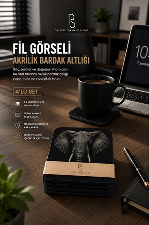 Fil Temalı Siyah Akrilik Bardak Altlığı 4lü Set