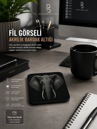 Fil Temalı Siyah Akrilik Bardak Altlığı 4lü Set
