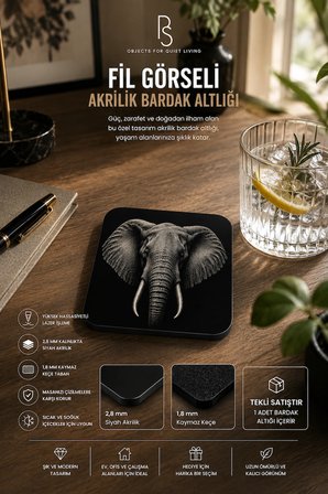 Fil Temalı Siyah Akrilik Bardak Altlığı 4lü Set