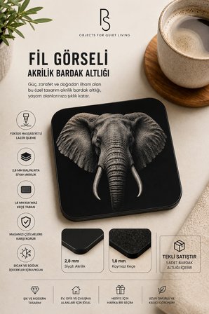Fil Temalı Siyah Akrilik Bardak Altlığı 4lü Set