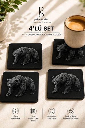 Ayı Temalı Siyah Akrilik Bardak Altlığı 4lü Set