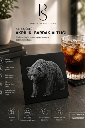 Ayı Temalı Siyah Akrilik Bardak Altlığı 4lü Set