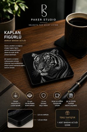 Kaplan Temalı Siyah Akrilik Bardak Altlığı 4lü Set