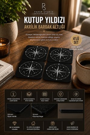 Kuzey Yıldızı Temalı Siyah Akrilik Bardak Altlığı 4lü Set