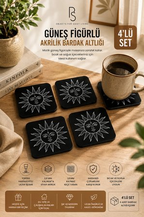 Spiritüel Güneş Temalı Siyah Akrilik Bardak Altlığı 4lü Set