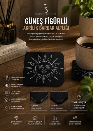Spiritüel Güneş Temalı Siyah Akrilik Bardak Altlığı 4lü Set
