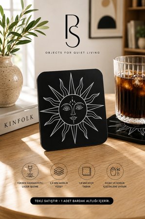 Spiritüel Güneş Temalı Siyah Akrilik Bardak Altlığı 4lü Set