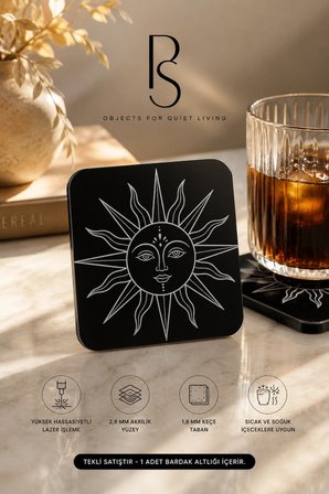 Spiritüel Güneş Temalı Siyah Akrilik Bardak Altlığı 4lü Set