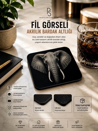 Fil Temalı Siyah Akrilik Bardak Altlığı (1 Adet)