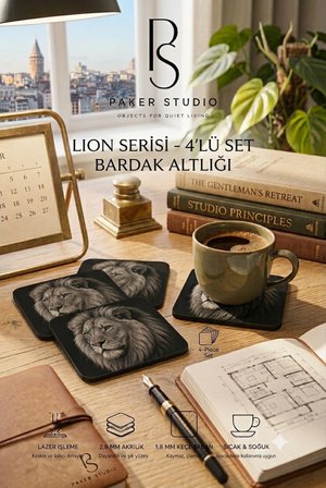 Aslan Temalı Siyah Akrilik Bardak Altlığı 4lü Set