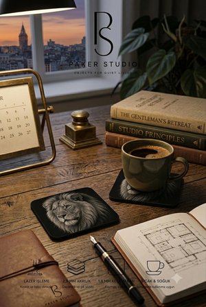 Aslan Temalı Siyah Akrilik Bardak Altlığı 4lü Set