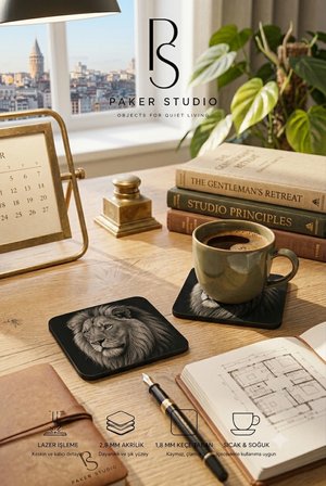 Aslan Temalı Siyah Akrilik Bardak Altlığı 4lü Set