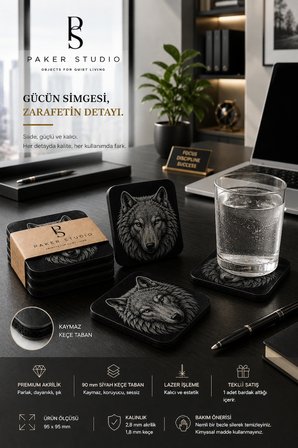 Kurt Temalı Siyah Akrilik Bardak Altlığı (1 Adet)