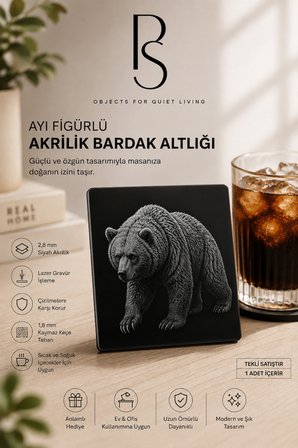 Ayı Temalı Siyah Akrilik Bardak Altlığı (1 Adet)