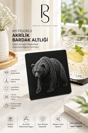 Ayı Temalı Siyah Akrilik Bardak Altlığı (1 Adet)
