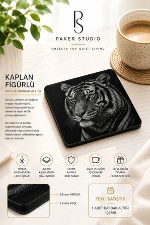 Kaplan Temalı Siyah Akrilik Bardak Altlığı (1 Adet)