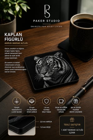 Kaplan Temalı Siyah Akrilik Bardak Altlığı (1 Adet)
