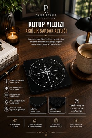 Kuzey Yıldızı Temalı Siyah Akrilik Bardak Altlığı (1 Adet)