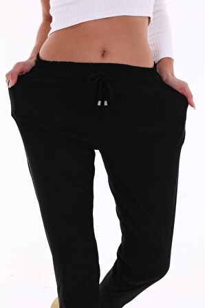 Kadın Siyah Özel Ekstra Esnek Kumaş Full Likralı Beli Lastikli Pantolon