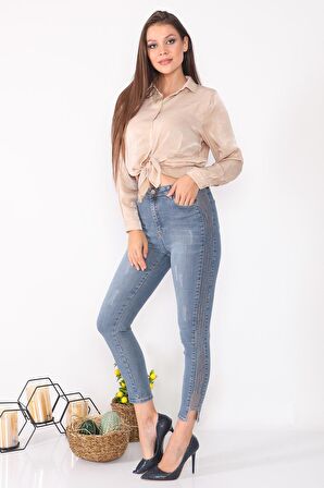 Kadın Yüksek Bel Likralı Yanları Akan Pullu Payetli Dar Kesim Slim Fit Kot Pantolon