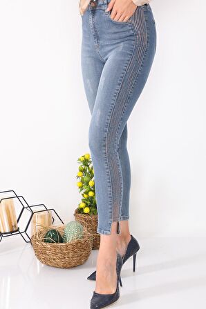 Kadın Yüksek Bel Likralı Yanları Akan Pullu Payetli Dar Kesim Slim Fit Kot Pantolon