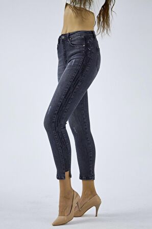 Kadın Yüksek Bel Likralı Yanları Akan Pullu Payetli Dar Kesim Slim Fit Kot Pantolon