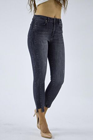 Kadın Yüksek Bel Likralı Yanları Akan Pullu Payetli Dar Kesim Slim Fit Kot Pantolon