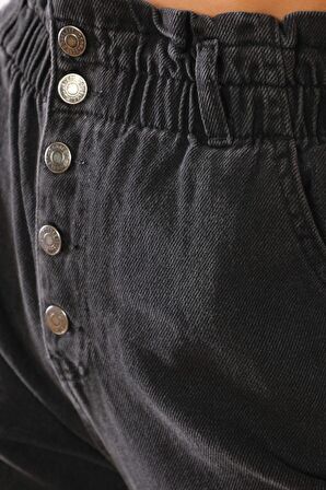 Kadın Yüksek Bel Düğmeli Beli Lastikli Kot Pantolon