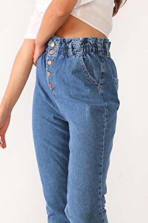 Kadın Yüksek Bel Düğmeli Beli Lastikli Kot Pantolon