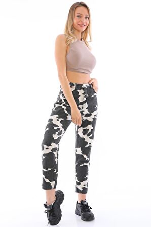 Kadın Yüksek Bel İnek Desenli Mom Jean Kot Pantolon