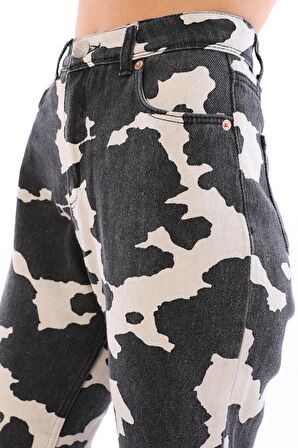 Kadın Yüksek Bel İnek Desenli Mom Jean Kot Pantolon