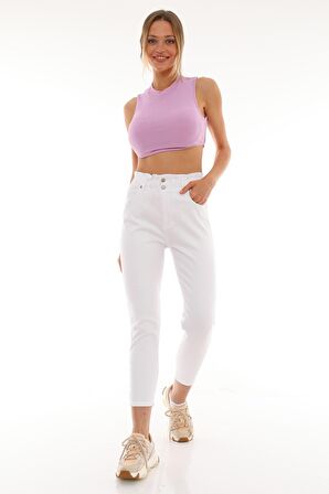 Kadın Beli Lastikli Yüksek Bel Likralı Çift Düğmeli Kot Pantolon