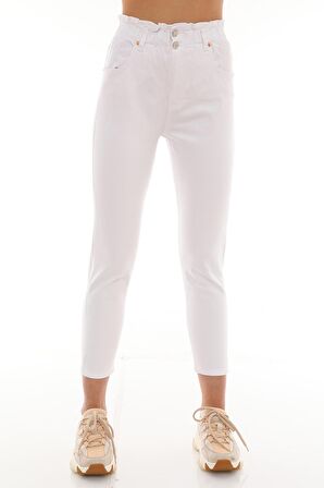 Kadın Beli Lastikli Yüksek Bel Likralı Çift Düğmeli Kot Pantolon