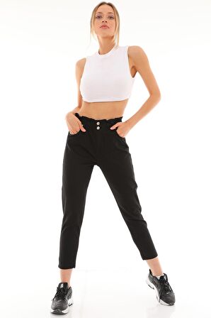 Kadın Beli Lastikli Yüksek Bel Likralı Çift Düğmeli Kot Pantolon