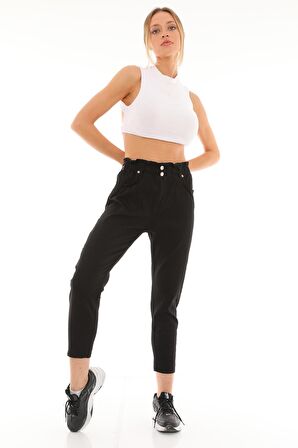 Kadın Beli Lastikli Yüksek Bel Likralı Çift Düğmeli Kot Pantolon