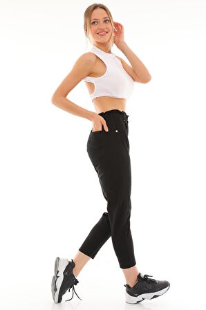 Kadın Beli Lastikli Yüksek Bel Likralı Çift Düğmeli Kot Pantolon