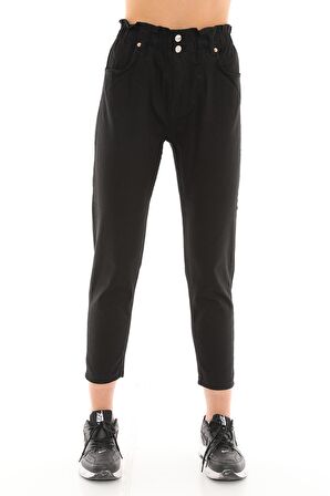 Kadın Beli Lastikli Yüksek Bel Likralı Çift Düğmeli Kot Pantolon