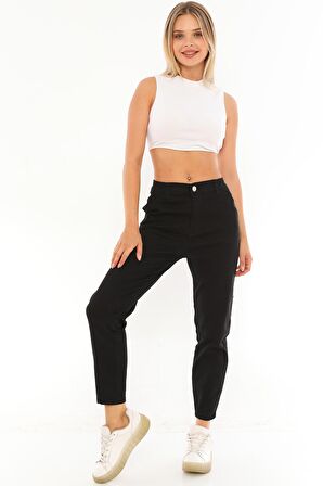 Kadın Yüksek Bel Beli Lastikli Paçası Dikişli Rahat Kot Pantolon