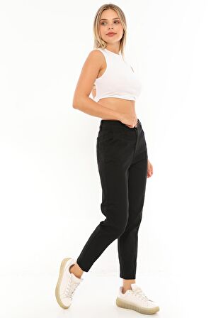 Kadın Yüksek Bel Beli Lastikli Paçası Dikişli Rahat Kot Pantolon