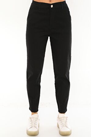 Kadın Yüksek Bel Beli Lastikli Paçası Dikişli Rahat Kot Pantolon