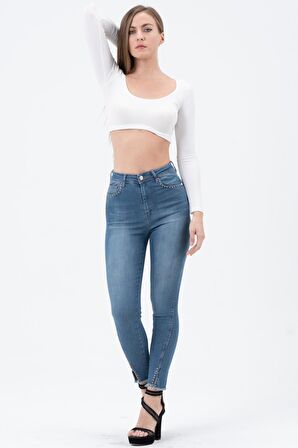 Kadın Mavi Yüksek Bel Parlak Taşlı Full Likralı Dar Kesim Slim Fit Kot Pantolon