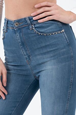 Kadın Mavi Yüksek Bel Parlak Taşlı Full Likralı Dar Kesim Slim Fit Kot Pantolon