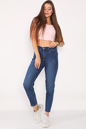 Kadın Yüksek Bel Full Likralı Mom Jeans Kot Pantolon