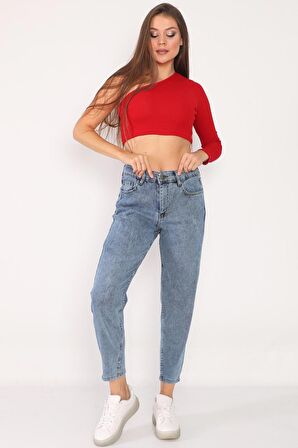 Kadın Yüksek Bel Full Likralı Mom Jeans Kot Pantolon