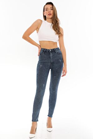 Kadın Yüksek Bel Full Likralı Skinny Kar Yıkama Dar Kesim Esnek Kot Pantolon