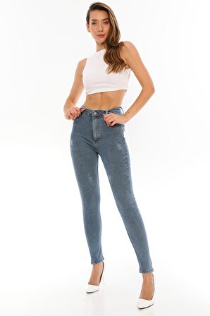 Kadın Yüksek Bel Full Likralı Skinny Kar Yıkama Dar Kesim Esnek Kot Pantolon