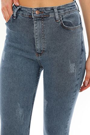 Kadın Yüksek Bel Full Likralı Skinny Kar Yıkama Dar Kesim Esnek Kot Pantolon