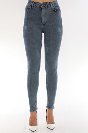 Kadın Yüksek Bel Full Likralı Skinny Kar Yıkama Dar Kesim Esnek Kot Pantolon